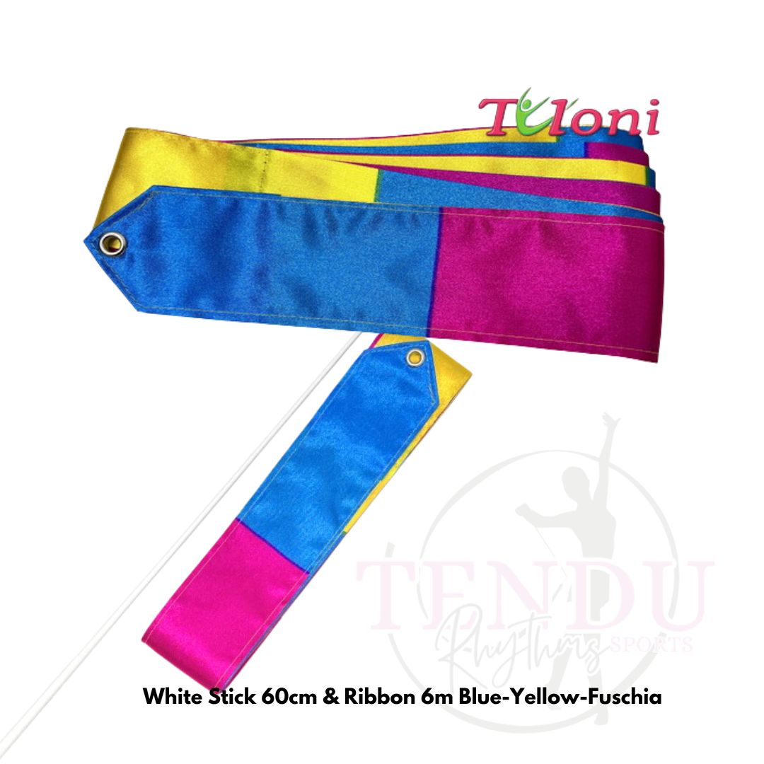 TULONI | White Stick 60cm & Ribbon 6m Blue-Yellow-Fuschia incl. Grip (RS-T6MW-BYF)