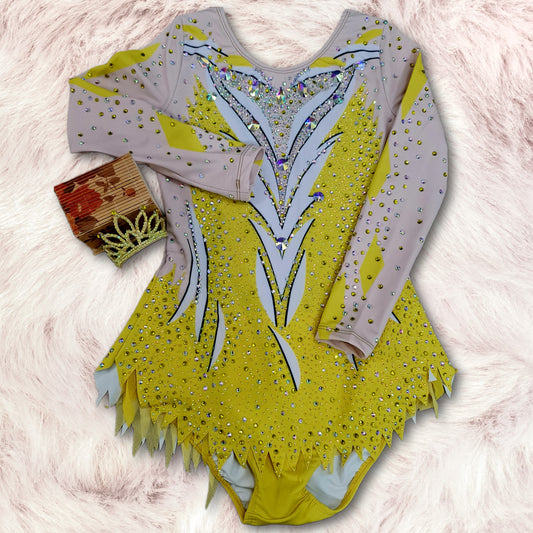 Sparkling Yellow Rhythmic Gymnastics Leotard with Matching Crown