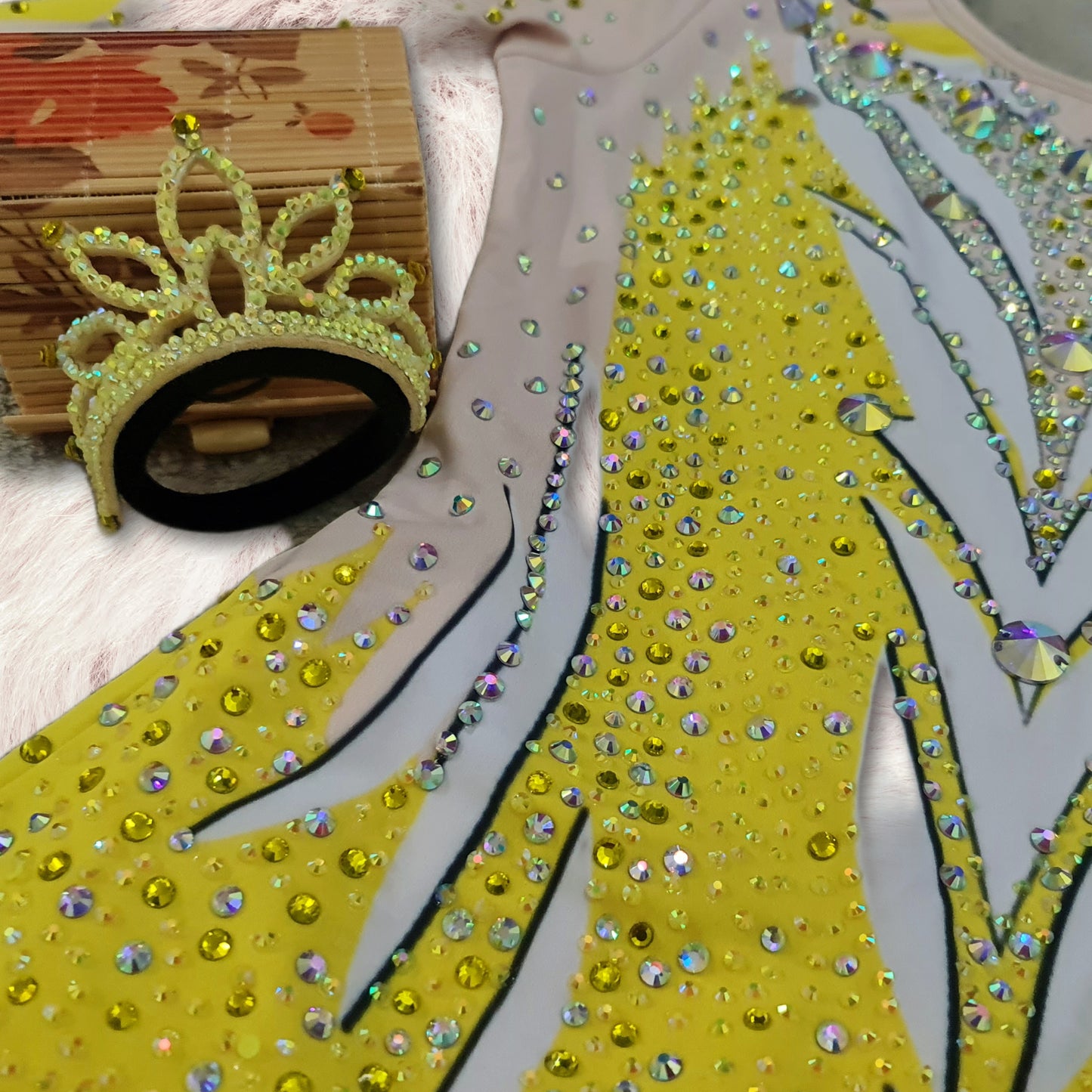 Sparkling Yellow Rhythmic Gymnastics Leotard with Matching Crown